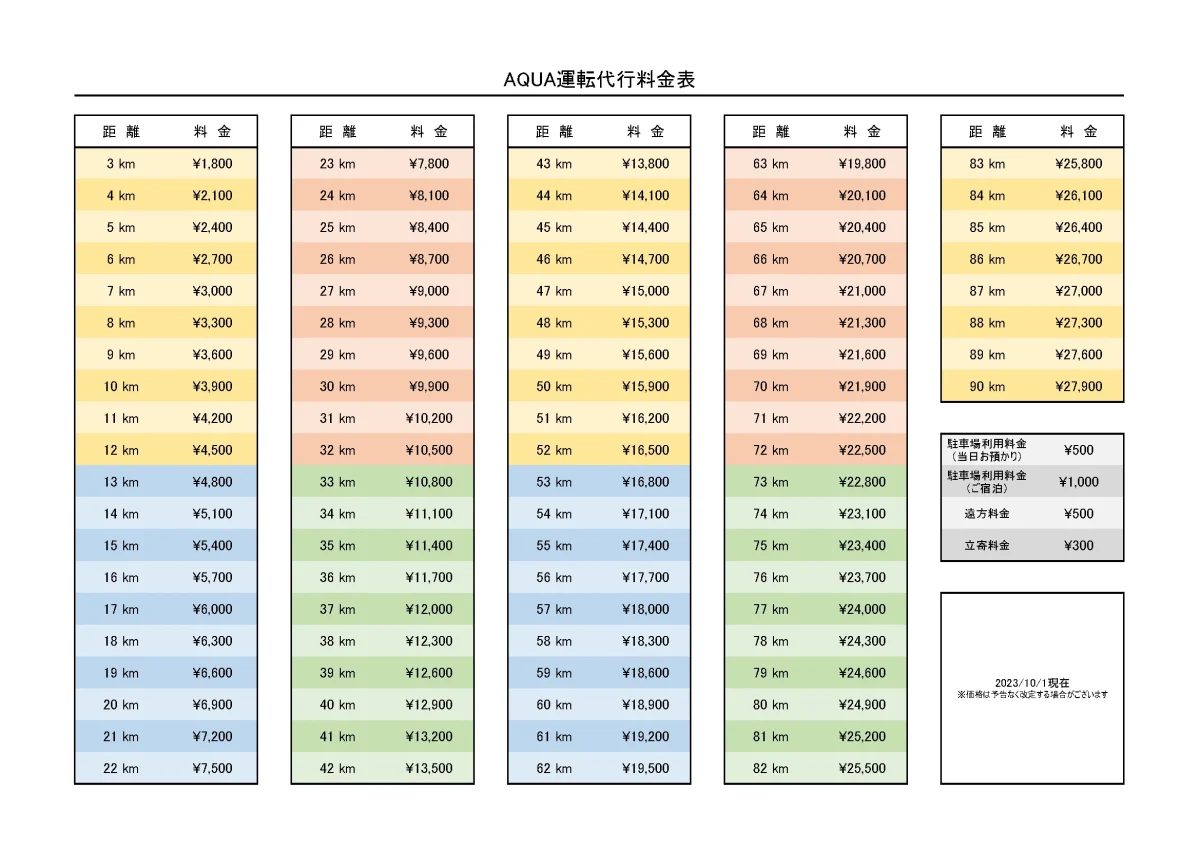 運転代行料金(2023年10月1日～) 北海道苫小牧市の運転代行はAQUA(アクア)運転代行